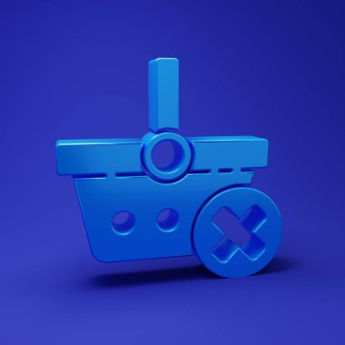 Mavi arka planda mavi renkli alışveriş sepeti simgesi var. İnternetten satın alma konsepti. Teslimat servisi. Süpermarket sepeti ve X işareti. Minimalizm kavramı. 3 Boyutlu resimleme.