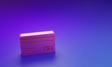 Mor-mavi arkaplanda pembe kredi kartı simgesi izole edildi. Çevrimiçi ödeme. Nakit çekilmesi. Finansal operasyonlar. Alışveriş tabelası. Minimalizm kavramı. 3 Boyutlu resimleme.