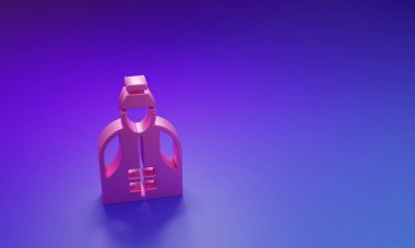 Mor-mavi arka planda izole edilmiş pembe balıkçı simgesi. Minimalizm kavramı. 3 Boyutlu resimleme.