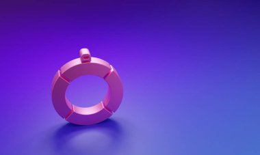 Mor-mavi arkaplanda pembe Lifebuoy simgesi izole edildi. Can simidi sembolü. Minimalizm kavramı. 3 Boyutlu resimleme.