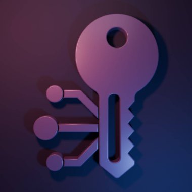 Mor-mavi arka planda izole edilmiş mor kripto para birimi simgesi. Siber güvenlik kavramı ya da özel anahtar, teknolojik arayüzlü dijital anahtar. Minimalizm kavramı. 3 Boyutlu resimleme.