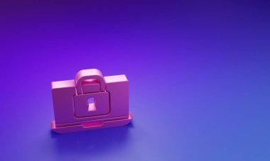 Pembe dizüstü bilgisayar ve kilit simgesi mor-mavi arkaplanda izole edildi. Bilgisayar ve asma kilit. Güvenlik, güvenlik, koruma kavramı. Güvenli bir ağ. Minimalizm kavramı. 3 Boyutlu resimleme.