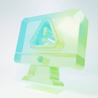 Beyaz zemin üzerinde ünlem işareti simgesi olan buzlu cam bilgisayar monitörü. Uyarı mesajı akıllı telefon uyarısı. Minimalizm kavramı. 3 Boyutlu resimleme.