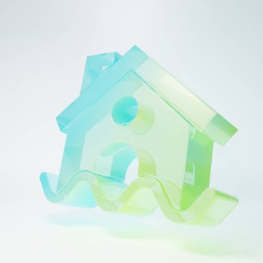 Beyaz arka planda izole edilmiş buzlu cam ev sel ikonu. Suyun altındaki evi sel basıyor. Sigorta konsepti. Güvenlik, güvenlik, koruma, konsept koruma. Minimalizm kavramı. 3 Boyutlu resimleme.