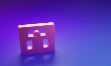 Mor-mavi arkaplandaki pembe banyo ölçekli simge. Ağırlık ölçme ekipmanı. Ağırlık ölçeği spor konsepti. Minimalizm kavramı. 3 Boyutlu resimleme.