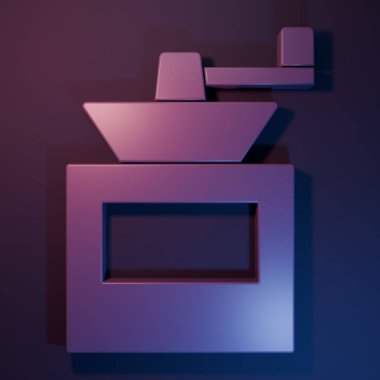 Mor-mavi arka planda izole edilmiş mor el yapımı kahve öğütücü ikonu. Minimalizm kavramı. 3 Boyutlu resimleme.