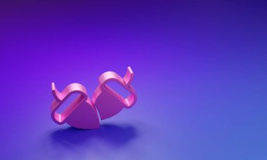 Mor-mavi arka planda izole edilmiş pembe meşe palamudu. Minimalizm kavramı. 3 Boyutlu resimleme.