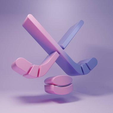 Mor buz hokeyi sopaları ve mor arka planda izole edilmiş disk ikonu. Oyun başlasın. Minimalizm kavramı. 3 Boyutlu resimleme.