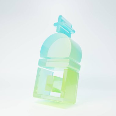 Beyaz arka planda izole edilmiş buzlu cam Hıristiyan kilise kulesi ikonu. Kilisenin dini. Minimalizm kavramı. 3 Boyutlu resimleme.