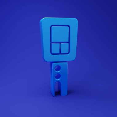 Mavi arka planda izole edilmiş uzaktan kumandalı mavi araba anahtarı. Araba anahtarı ve alarm sistemi. Minimalizm kavramı. 3 Boyutlu resimleme.