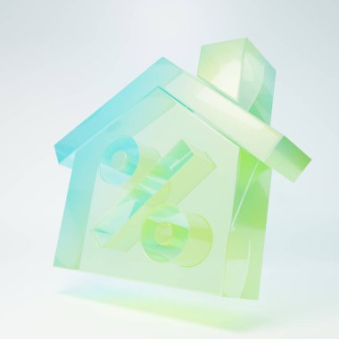 Frosted glass House with percant discount tag icon isolated on white background. Real estate home. Credit percentage symbol. Minimalism concept. 3D render illustration.