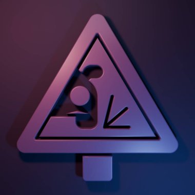 Mor Uyarı işareti, mor-mavi arka planda izole edilmiş taş madde ikonu fırlatıyor. Trafik kuralları ve güvenli sürüş. Minimalizm kavramı. 3 Boyutlu resimleme.