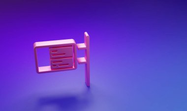 Mor-mavi arka planda izole edilmiş pembe toplu taşıma panosu simgesi. Mekanik skor tabelası. Trendeki billboarddaki uçuş bilgileri. Minimalizm kavramı. 3 Boyutlu resimleme.