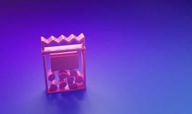 Mor-mavi arka planda izole edilmiş özel bir bitki simgesinin tohumlarıyla dolu pembe paket. Minimalizm kavramı. 3 Boyutlu resimleme.