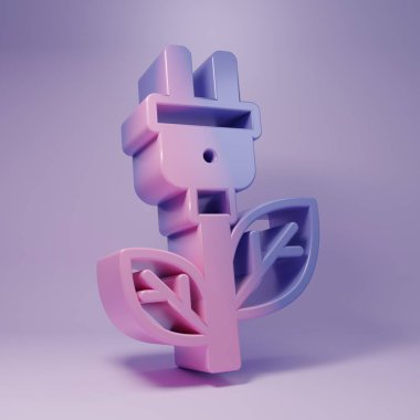 Mor arkaplanda, yaprak simgesinde mor elektrik tasarruf prizi var. Elektrik tasarrufu. Çevresel koruma. Biyolojik enerji. Minimalizm kavramı. 3 Boyutlu resimleme.