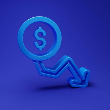 Mavi Dolar oranı azaltma simgesi mavi arkaplanda izole edildi. Maliyet düşüşü. Aşağı ok ile para sembolü. İş kaybı kriz azalıyor. Minimalizm kavramı. 3 Boyutlu resimleme.