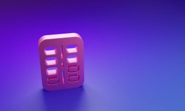 Pembe nikotin sakızı, mor-mavi arka planda izole edilmiş su toplayıcı simgesinde. Sakinleştirir ve sigarayı bırakmanın neden olduğu endişeyi azaltır. Minimalizm kavramı. 3 Boyutlu resimleme.