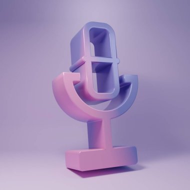 Mor mikrofon simgesi mor arkaplanda izole edilmiş. Radyodaki mikrofondan. Sözcü işareti. Minimalizm kavramı. 3 Boyutlu resimleme.