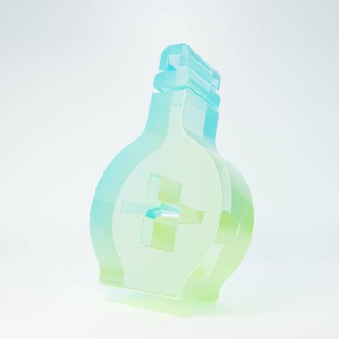 Beyaz arka planda ikon izole edilmiş buzlu cam şişe. Sihirli iksirli matara. Mutlu Cadılar Bayramı Partisi. Minimalizm kavramı. 3 Boyutlu resimleme.
