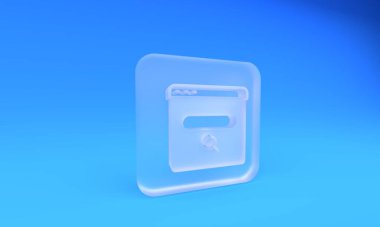 Buzlu cam arama motoru simgesi mavi arkaplanda izole edildi. Kare buzlu cam düğme. 3 Boyutlu resimleme.