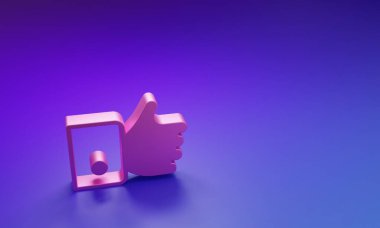 Pembe El, mor-mavi arkaplanda izole edilmiş bir simge gibi. Minimalizm kavramı. 3 Boyutlu resimleme.