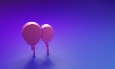 Mor-mavi arka planda izole edilmiş kurdele ikonlu pembe balonlar. Mutlu Paskalyalar. Minimalizm kavramı. 3 Boyutlu resimleme.