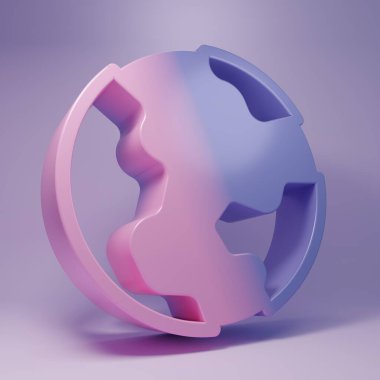 Mor Dünya küre ikonu, mor arka planda izole edilmiş. Dünya ya da Dünya işareti. Küresel internet sembolü. Geometrik şekiller. Minimalizm kavramı. 3 Boyutlu resimleme.