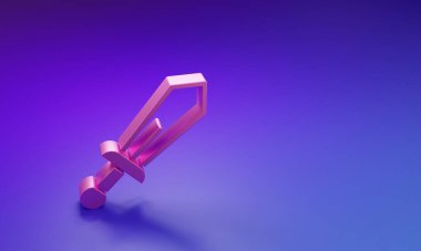 Mor-mavi arka planda izole edilmiş pembe kılıç oyuncağı ikonu. Minimalizm kavramı. 3 Boyutlu resimleme.