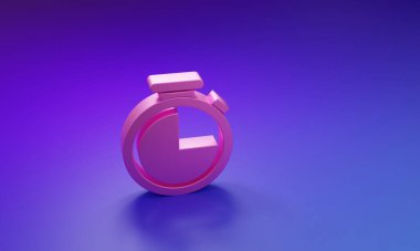 Mor-mavi arkaplanda izole edilmiş pembe Kronometre simgesi. Zaman göstergesi. Minimalizm kavramı. 3 Boyutlu resimleme.