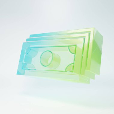 Frosted glass Stacks paper money cash icon isolated on white background. Money banknotes stacks. Bill currency. Minimalism concept. 3D render illustration.
