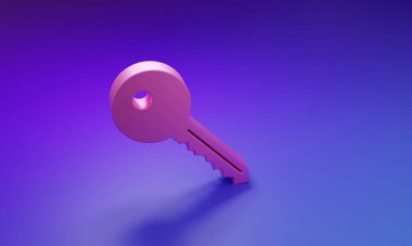 Pink Key icon isolated on purple-blue background. Minimalism concept. 3D render illustration.