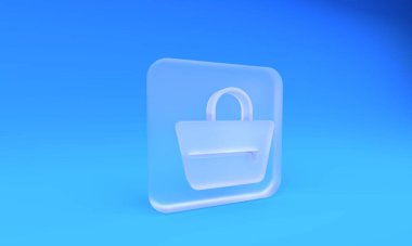 Buzlu cam çanta ikonu mavi arkaplanda izole edilmiş. Kadın el çantası işareti. Glamour günlük bagaj sembolü. Kare buzlu cam düğme. 3 Boyutlu resimleme.