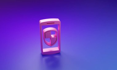 Pembe Akıllı Telefon, mor-mavi arka planda izole edilmiş güvenlik kalkanı simgesi olan cep telefonu. Minimalizm kavramı. 3 Boyutlu resimleme.