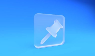 Buzlu cam itme ikonu mavi arka planda izole edilmiş. Raptiye işareti. Kare buzlu cam düğme. 3 Boyutlu resimleme.