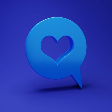Mavi Kalp 'in konuşma baloncuğu simgesi mavi arkaplanda izole edildi. Mesaj baloncuğunda kalp şekli. Aşk işareti. Sevgililer Günü sembolü. Minimalizm kavramı. 3 Boyutlu resimleme.