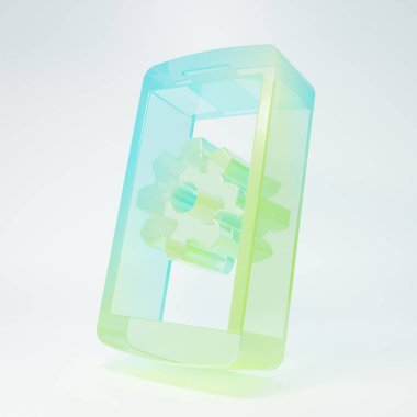 Frosted glass Setting on smartphone icon isolated on white background. Mobile and gear. Adjusting, service, setting, maintenance, repair, fixing. Minimalism concept. 3D render illustration.