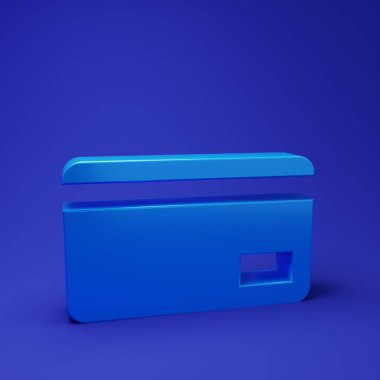 Mavi kredi kartı simgesi mavi arkaplanda izole edildi. Çevrimiçi ödeme. Nakit çekilmesi. Finansal operasyonlar. Alışveriş tabelası. Minimalizm kavramı. 3 Boyutlu resimleme.