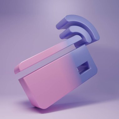 Mor arka planda NFC kart ikonu olan mor temassız ödeme. Üzerinde radyo dalgası işareti olan kart. Kredi kartı ödemesi. Minimalizm kavramı. 3 Boyutlu resimleme.