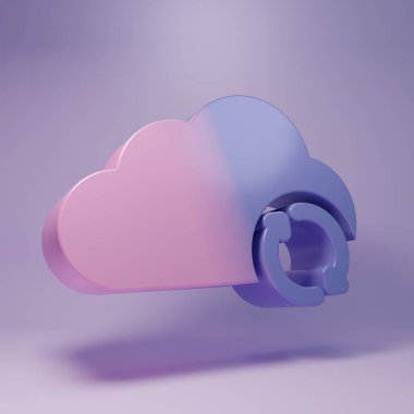 Mor Bulut senkron yenileme simgesi mor arkaplanda izole edildi. Bulut ve oklar. Minimalizm kavramı. 3 Boyutlu resimleme.