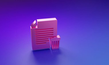 Mor-mavi arkaplandaki Pembe Silme dosya simgesi. Kağıt çarşafta geri dönüşüm kutusu işareti var. Reddedilmiş belge simgesi. Kağıt üzerinde çarmıh. Minimalizm kavramı. 3 Boyutlu resimleme.