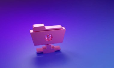 Mor-mavi arkaplanda izole edilmiş Pembe FTP dizin ayarları simgesi. Yazılım güncellemesi, transfer protokolü, yönlendirici, takım çalışması araç yönetimi, kopyalama işlemi. Minimalizm kavramı. 3 Boyutlu resimleme.