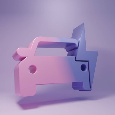 Mor elektrikli araba ve elektrik kablosu şarj ikonu mor arka planda izole edilmiş. Yenilenebilir ekolojik teknolojiler. Minimalizm kavramı. 3 Boyutlu resimleme.