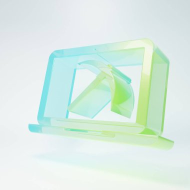 Laptop ve kazma ikonlu buzlu cam madenciliği kavramı beyaz arka planda izole edildi. Engelleme teknolojisi, kripto para birimi madenciliği, dijital para piyasası. Minimalizm kavramı. 3 Boyutlu resimleme.