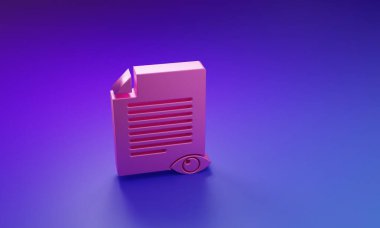 Mor-mavi arkaplanda izole edilmiş göz sembolü simgesi olan pembe kağıt sayfa. Bilgi dosyası işaretini aç. Minimalizm kavramı. 3 Boyutlu resimleme.