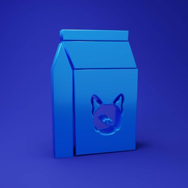 Mavi arka planda izole edilmiş köpek ikonu için mavi yiyecek torbası. Hayvanlar için yiyecek. Hayvan maması paketi. Minimalizm kavramı. 3 Boyutlu resimleme.