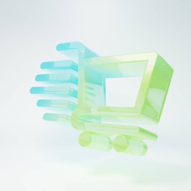 Beyaz arka planda izole edilmiş buzlu cam alışveriş arabası ikonu. İnternetten satın alma konsepti. Servis tabelası. Süpermarket sepeti sembolü. Minimalizm kavramı. 3 Boyutlu resimleme.