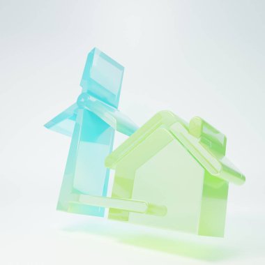 Beyaz arka planda izole edilmiş elektrik enerji üretimi ikonu için rüzgar türbinli buzlu cam ev. Çevre dostu ev. Çevre koruma. Minimalizm kavramı. 3 Boyutlu resimleme.