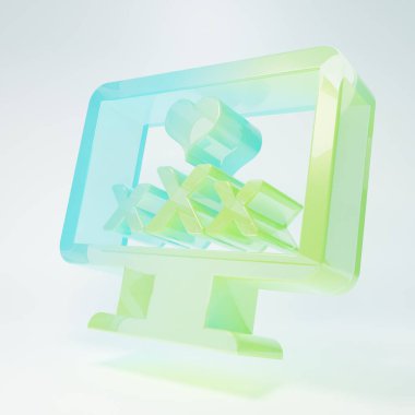 Buzlu cam bilgisayar monitörü. Beyaz arka planda 18 içerik ikonu var. Yaş sınırlama sembolü. Seks içeriği işareti. Yetişkin kanalı. Minimalizm kavramı. 3 Boyutlu resimleme.