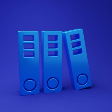 Mavi Ofis dosyaları ve belgeler mavi arka planda izole edilmiş. Ofis dosyaları. Dosya arşivleme işareti. Minimalizm kavramı. 3 Boyutlu resimleme.