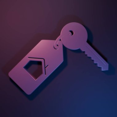 Mor-mavi arka planda kilit simgesi olan Mor Ev. Ev anahtarının konsepti. Minimalizm kavramı. 3 Boyutlu resimleme.